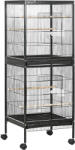 PawHut Colivie pentru Păsări cu 4 Roți Pivotante, Tăvi Detașabile și Recipiente din Plastic, 51.5x50x140 cm, Negru | Aosom Romania (D10-074V00BK)