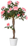 Outsunny Plantă Artificială de Trandafiri cu 21 de Flori, Ghiveci Umplut cu Ciment și Mușchi, Ø18x90 cm, Roz | Aosom Romania (844-340)