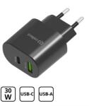 Cellect 30W gyorstöltő adapter, USB-A és Type-C, Fekete (MTCB-PD30WNE-BK)