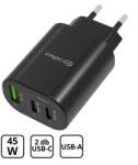 Cellect Hálózati gyorstöltő adapter 45W, PD/Type-C 2x, USB-A QC3, Fekete (MTCB-PD45W-BK)