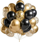 Flippy Set 16 Baloane din Latex, Flippy, Model Party, 30 cm, Auriu, Negru, Confetti, 2.8 g (teo-130928)
