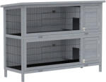 PawHut Cușcă pentru iepuri din lemn cu 2 etaje, acoperiș asfaltat, tavă de podea, uși pentru animale mici, 136, 4 x 50 x 93 cm, Gri | Aosom Romania (D51-167)