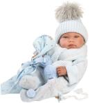 Llorens Llorens: Tino 43 cm-es újszülött fiú baba kék babapléddel, cumival és 3 db különböző ruhával (84337)