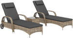 Outsunny Set de 2 șezlonguri : saltea, tetieră, înclinare reglabilă, roți + măsuță de cafea cu sticlă securizată gri închis | Aosom Romania (862-014V04CG)