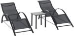 Outsunny Set 2 sezlonguri si masuta cu blat din sticla, sezlong pentru gradina din material respirabil si metal, 59x169x66 cm, negru (84B-570BK)