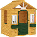 AIYAPLAY Căsuță de joacă din lemn pentru exterior cu ușă 3 ferestre 2 jardiniere pentru copii 3-8 ani 134, 5 x 97 x 150 cm Maro | Aosom Romania (345-033V01BN) Casuta pentru copii