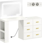HomCom Stație de Machiaj cu Lumini LED, 3 Culori, Luminozitate Reglabilă, Toaletă Convertibilă cu Prize Electrice, 6 Sertare Soft Close, Oglindă, Rafturi Deschise, pentru Dormitor, Alb | Aosom Romania (83D-0