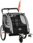 HomCom Remorcă pentru bicicletă pentru copii, cărucior pusher, cu frâne, pliabil, pentru 2 copii, Gri/Negru | Aosom Romania (440-026V00GY)
