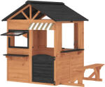 AIYAPLAY Căsuță de joacă din lemn pentru exterior cu bucătărie, bancă, tejghea, ferestre, ușă pentru 3-8 ani 171, 5 x 146 x 156 cm Maro | Aosom Romania (345-034V01BN) Casuta pentru copii