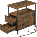 Brius Noptiera 60x35x61 cm, cu 2 sertare, rafturi si priza incorporata, PAL si otel, maro rustic (EZ-LET325B01)