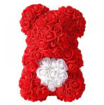 Aranjamente florale - Ursulet floral 25 cm decorat manual cu trandafiri spuma, cu inima in cutie Rosu