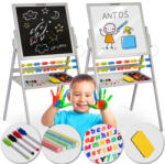 RicoKids Mágneses rajztábla, Ricokids, szürke, 101 x 54 x 55 cm, kétoldalas (mágneses és krétás tábla), forgatható, fa, számolókerettel, kiegészítőkkel (TE780000)