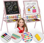 RicoKids Mágneses rajztábla, Ricokids, rózsaszín, 101 x 54 x 55 cm, kétoldalas (mágneses és krétás tábla), forgatható, fa, számolókerettel, kiegészítőkkel (TE780002)