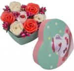  Aranjament floral 7 trandafirii cutie inima , flori de sapun, rosu, alb, roz, 11x9x6 cm