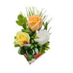  Aranjament floral deosebit 3 trandafiri cutie , flori de sapun, buburuza, 10x10 cm