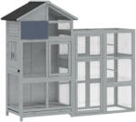 PawHut Volieră din lemn cu 6 bățuri de odihnă compartiment sertar extractabil boluri din oțel inoxidabil 196x60x164, 5cm Gri | Aosom Romania (D10-109V00GY)