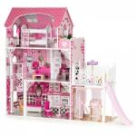 ECOTOYS Casuta de Papusi Ecotoys, XXL, lemn, mobilier, lift, topogan, roz Casuta papusi