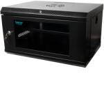 Spacer Szekrény, 19″, 6U, 500x450mm, falra rögzíthető, Flatpack (nem összeszerelve), fekete, üvegajtó zárral, kivehető panelek, 1mm acél, maximális teherbírás 25kg
