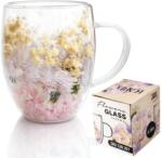  Cana 300 ml din sticla borosilicata, pereti dubli, model flori roz-galbene, in cutie cadou, JollyMag, SZK207 (ESELL-W-jolly_SZK207)