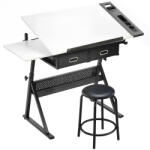 HOMCOM Masă de desen cu taburet și 2 sertare, înălțime reglabilă, blat înclinabil 0° à 60°, 120 x 60 x 68-92 cm, alb | Aosom Romania (836-698V00WT)