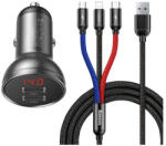 Baseus 2xUSB-A autós töltő LCD kijelzővel + 3in1 töltő kábellel, 4, 8A, 24W, fekete