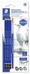 STAEDTLER Creioane grafice, set, acuarelă, cu pensulă, hexagonale, STAEDTLER "Mars Lumograph Aquarell 100A", 3 durități diferite, 4 buc