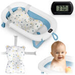 Ricokids Utazó gyerekkád, Ricokids RK-287, fehér/kék, 85 x 45 cm, 45 l, összecsukható, hőmérővel, hőérzékelős dugóval, kivehető párnával, teherbírás: 45 kg, 0-3 éves korig (TE728700)