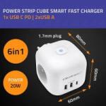 Qoltec Power Strip Extension Cord 6-in-1 with Illuminated Switch | 3x AC | 2x USB | 1x USB-C PD 20W | White