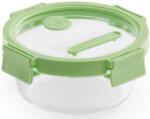 Lékué Glass Container Round kerek légmentes üveg ételtároló doboz, 0, 65L, üveg és platina szilikon, zöld