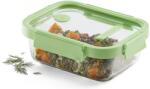 Lékué Glass Container Rectangular hőálló üveg ételtároló doboz szivárgásmentes és gőzszelepes üvegfedővel, téglalap, 1050ml, dátumjelölő, halmozható, áttetsző/zöld - 883903 (LK883903)