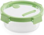 Lékué Glass Container Round hőálló üveg ételtároló doboz szivárgásmentes és gőzszelepes üvegfedővel, kerek, 950ml, dátumjelölő, halmozható, áttetsző/zöld - 884085 (LK884085)