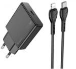 hoco. N37 hálózati töltő Type-C aljzat 30W, vékony + lightning kábel, FEKETE