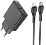 hoco. N38 hálózati töltő USB+Type-C aljzat 20W, vékony + lightning kábel, FEKETE (N38 BLACK+CABLE)