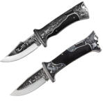 Depox Set 2 cuțite pliabile de vânătoare DEPOX®, lamă inox clip point, mâner metal și lemn, sistem back lock, negru, 23 cm (0474)