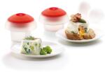 Lékué Microwave Ovo Egg Cooker set of 2 szilikon tojásfőző forma szett mikrohullámú sütőbe, 2db-os, 1db tojáshoz - 0, 1L kapacitás, négyzetes forma, áttetsző test, piros fedő - 882883 (LK882883)