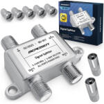 Berdsen Antenna jelosztó, Berdsen BD-957, ezüst, 5-2400 MHz, árnyékolt fémházas, egyenáram-átvezetés minden porton, 5× F és 2× F-IEC adapterrel (TE395700)