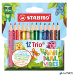 STABILO Színes ceruza készlet, háromszögletű, vastag, STABILO "Trio Thick Short Animal Vibes", 12 különböző szín (205/12-05) - alter