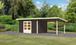 Karibu Northeim 4. Kerti ház, bővítménnyel/terasszal, terra szürke színű fából 664 cm x 309 cm
