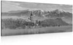 Dovido Tablou biserică lângă lac în Bled Slovenia alb-negru - 60x30