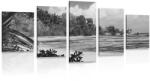 Dovido Tablou 5-piese plajă pe insula La Digue în design alb-negru - 200x100
