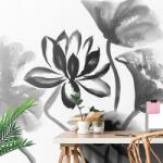 Dovido Tapet floare de lotus în acuarelă în alb-negru - 294x198