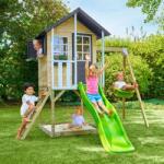 TP Toys Casuta de gradina TP TOYS, Bluebell Cottage, cu platforma cu loc pentru nisip, tobogan si leagan simplu, lemn, negru/maro/alb (TP9818) Casuta pentru copii