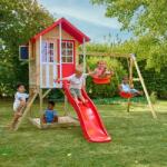 TP Toys Casuta de gradina TP TOYS, Poppy Cottage, cu platforma cu loc pentru nisip, tobogan si leagan dublu, lemn, rosu/maro/alb (TP9939) Casuta pentru copii