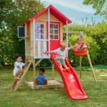 TP Toys Casuta de gradina TP TOYS, Poppy Cottage, cu platforma cu loc pentru nisip, tobogan si leagan simplu, lemn, rosu/maro/alb (TP9913) Casuta pentru copii