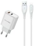 Awei PD81L-EU hálózati töltő USB+Type-C aljzat (22.5W, GaN, PD gyorstöltő + lightning kábel) FEHÉR (160604)