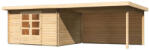 Karibu Bastrup 7. Kerti ház 4 m széles, hátfallal rendelkező bővítménnyel/terasszal, natúr fából 739 cm x 297 cm