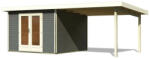 Karibu Radeburg 1. Kerti ház/medenceház 3, 3m széles bővítménnyel/terasszal, terra szürke színű fából 604 cm x 309 cm