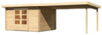 Karibu Bastrup 7. Kerti ház 4 m széles bővítménnyel/terasszal, natúr fából 739 cm x 297 cm