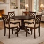 Malaezia Set masa living rotunda Montreal, lemn masiv, MDF furniruit, 90x73.8 cm si 4 scaune Vienna, tapiterie stofa, 94x49x40 cm, nuc (S4265,4267x2)