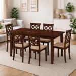 Malaezia Set masa living extensibila Miami, MDF, lemn masiv, 120 150 x 80 x 73.8 cm si 6 scaune Vienna, tapitat stofa, 94x49x40 cm, nuc bej (S4261,4267x2)